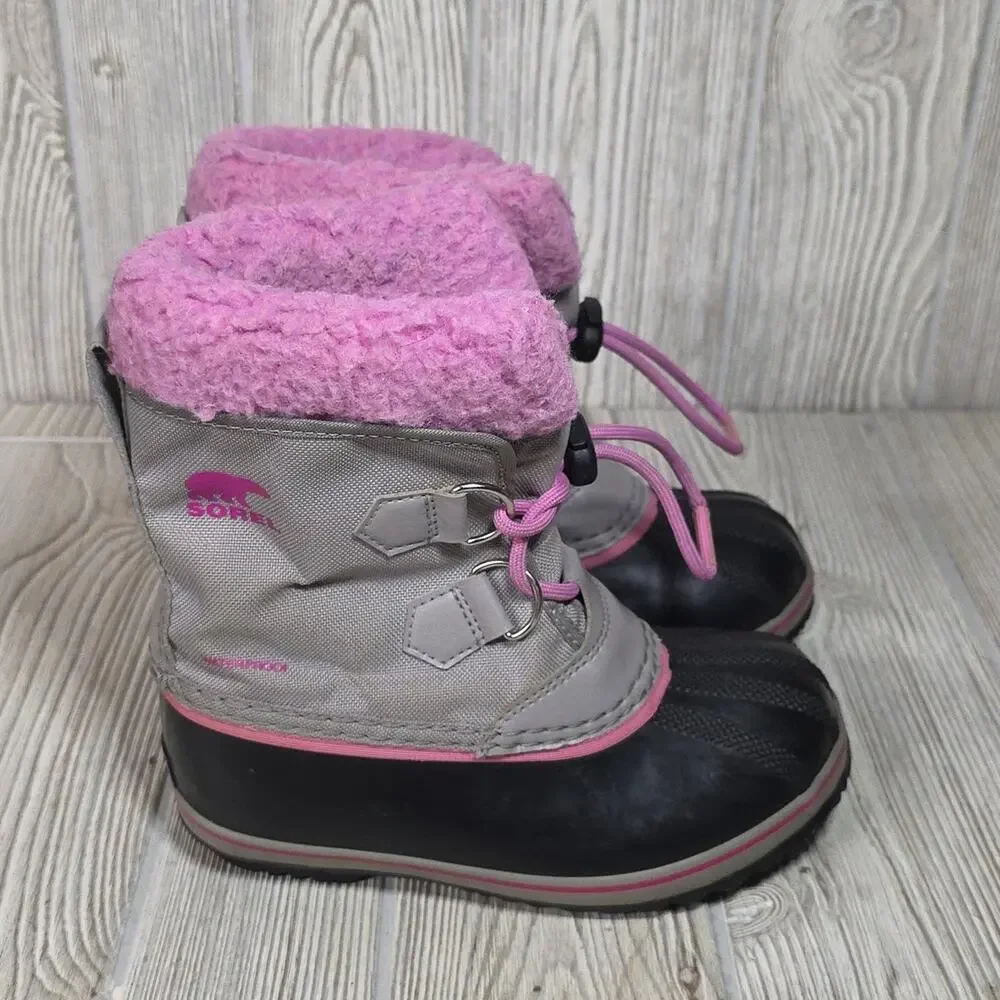 Sorel Yoot Pac Nylon Chrome Grey and Orchid Waterproof Winter Boots Kids Size 13